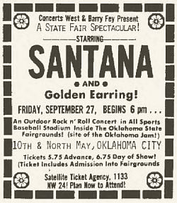 Santana with Golden Earring show promo ad September 27 1974 Oklahoma City
